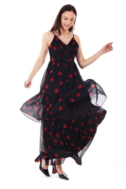 ProClassy Women V Neck of shoulder Layered Maxi Strip Black polka-dot Dress