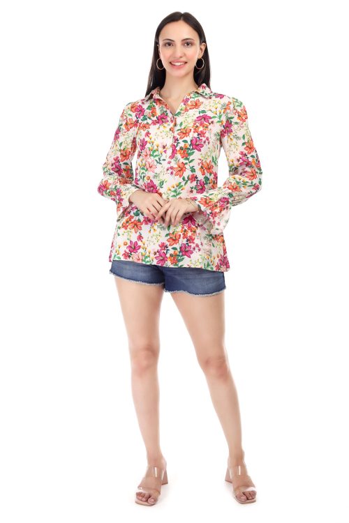 Proclassy Women Floral Print Multicolor Georgette Full Seelve Collar Top