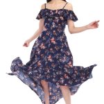 Proclassy Polycrape fabric Floral Printed of shoulder strip Blue high low dress