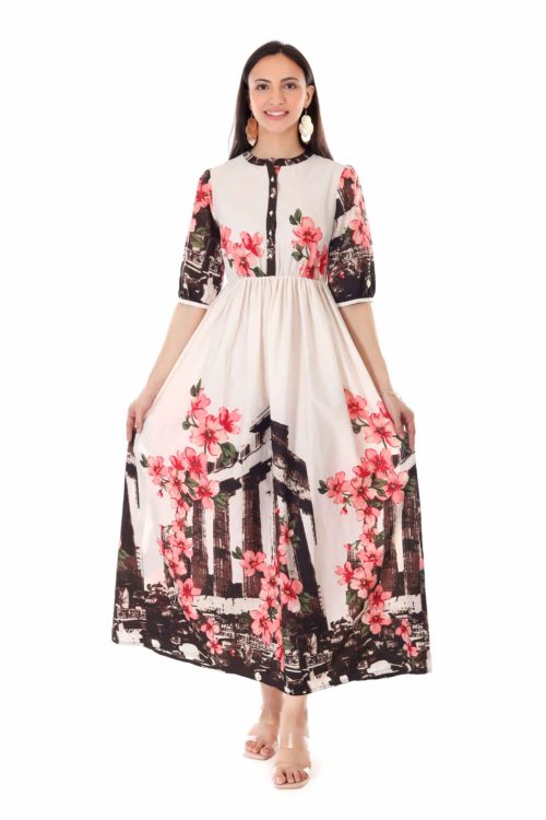 Proclassy Women Multicolor Floral Print Polycrape Maxi Dress with Collar Neck & Half Sleeves