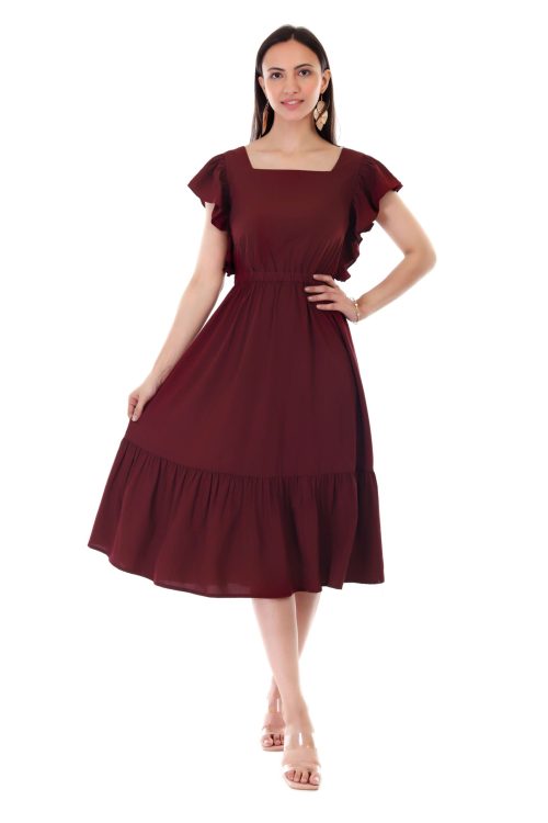 Proclassy Women Maroon Solid ruffle sleeve fit dress