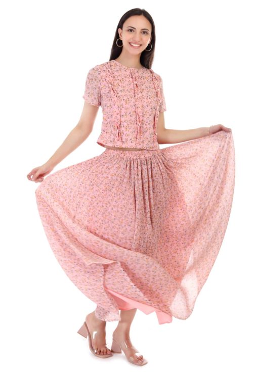 Proclassy Women Georgette pink Crop Top Skirt Set