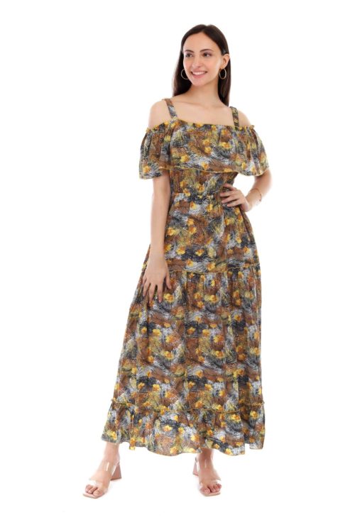 ProClassy Women Multi Colour Floral Print Rayon of shoulder strip dress