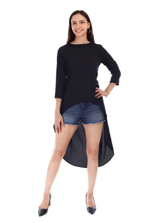 ProClassy Women Solid Full Sleeves Solid Round Neck Black High Low Dress