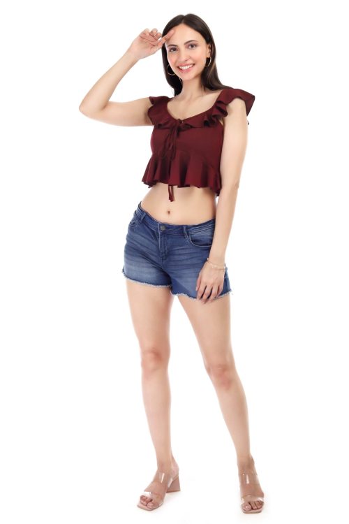 Proclassy Women Maroon polycrape shirt style crop top