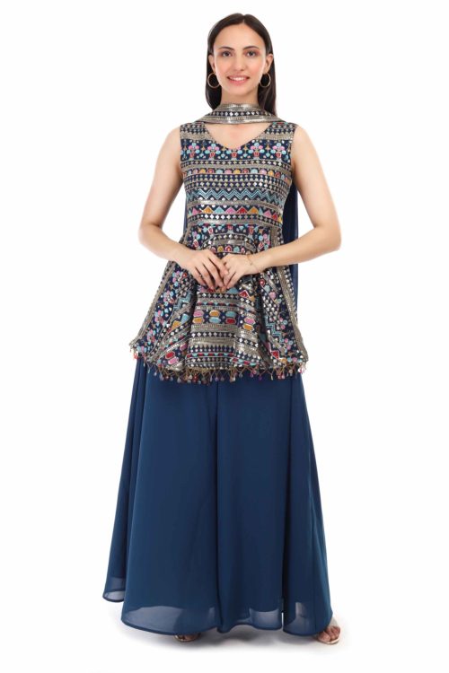 ProClassy Embroidered Sequin Work Navy Blue Georgette Party Wear Top with Palazzo & Dupatta