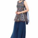 ProClassy Embroidered Sequin Work Navy Blue Georgette Party Wear Top with Palazzo & Dupatta - Image 2