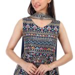 ProClassy Embroidered Sequin Work Navy Blue Georgette Party Wear Top with Palazzo & Dupatta - Image 4