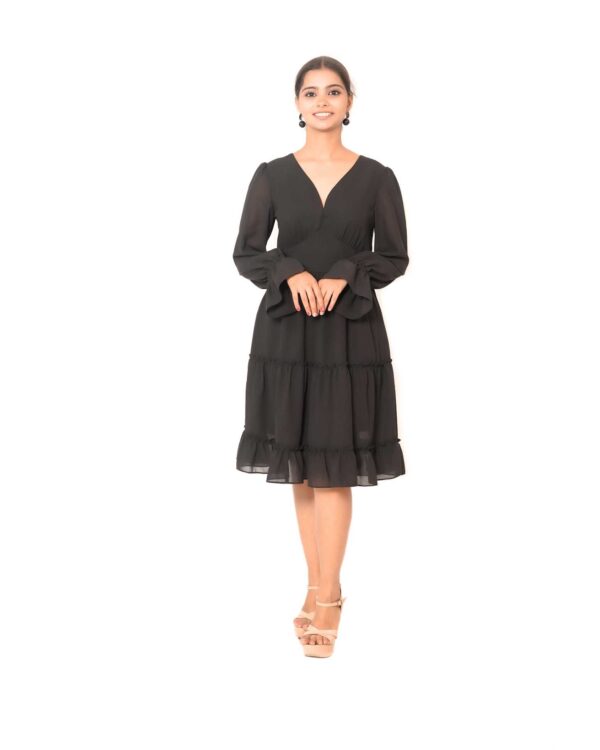 Elegant Black Layered Midi Dress with Flared Sleeves