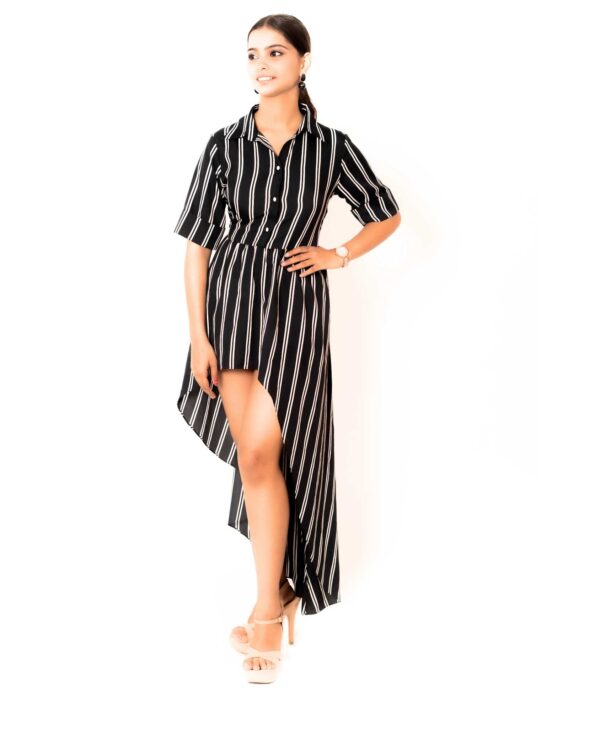 Black & White Striped High-Low Shirt Dress