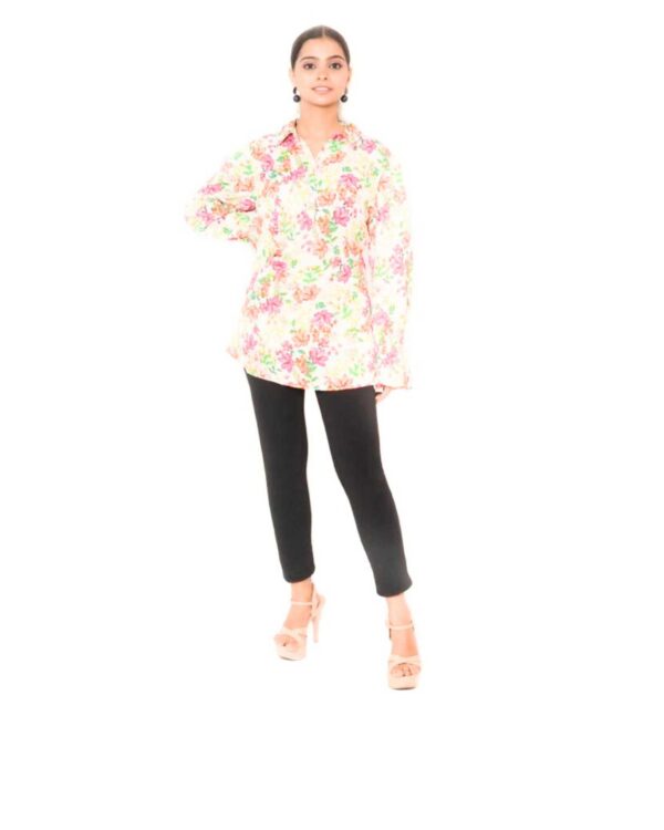 White Floral Printed Long Shirt Top