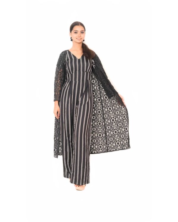 Black Striped Jumpsuit with Long Lace Shrug